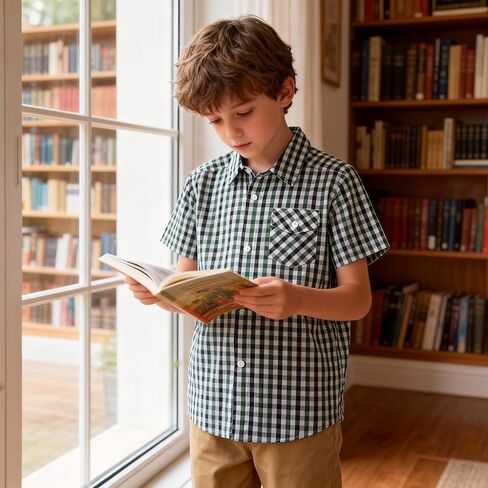 Button Down Plaid Boy Shirt: Kids Aged 4-13 Short Sleeve Cotton Breathable Top - Casual for Travel Church Wedding Outdoor in Saudi Arabia