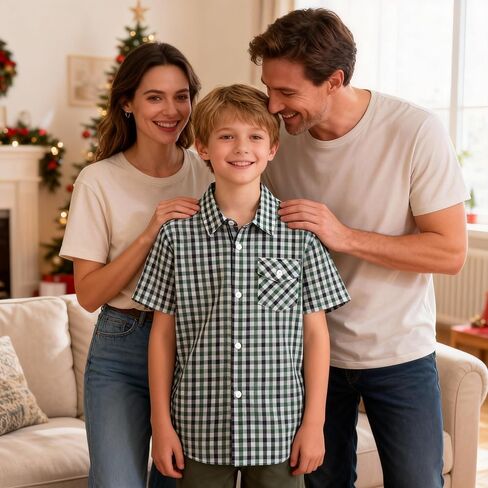Button Down Plaid Boy Shirt: Kids Aged 4-13 Short Sleeve Cotton Breathable Top - Casual for Travel Church Wedding Outdoor in Saudi Arabia
