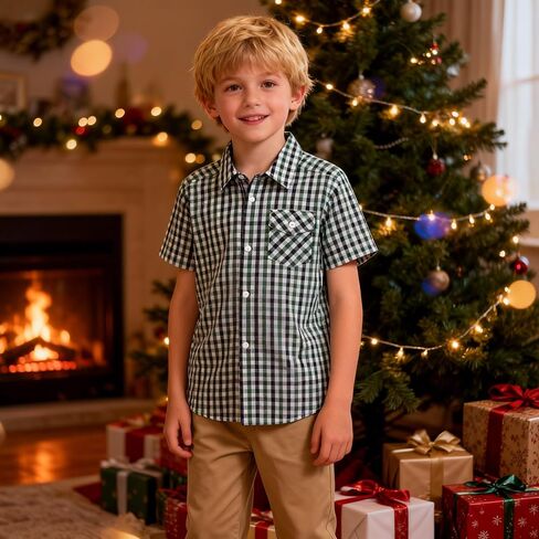 Button Down Plaid Boy Shirt: Kids Aged 4-13 Short Sleeve Cotton Breathable Top - Casual for Travel Church Wedding Outdoor in Saudi Arabia