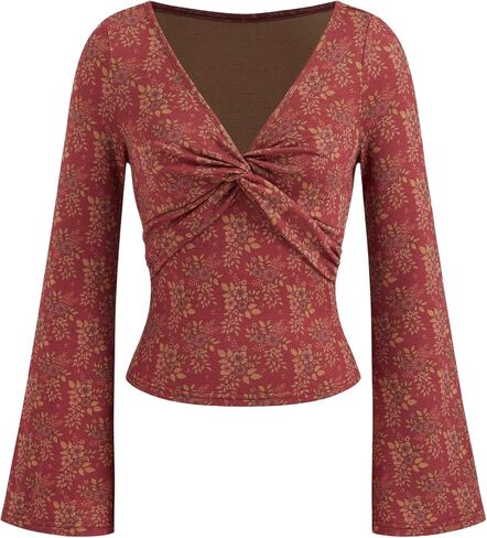 CIDER Bowknot Tops Long Sleeve Boat Neck Ruched Slim Fit Top Cute Casual Shirts in Kuwait