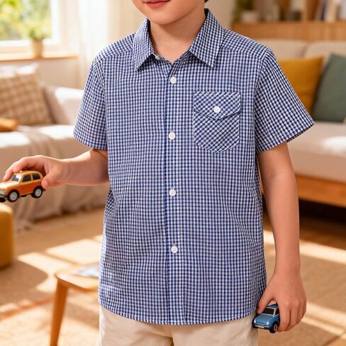 Button Down Plaid Boy Shirt: Kids Aged 4-13 Short Sleeve Cotton Breathable Top - Casual for Travel Church Wedding Outdoor in Saudi Arabia