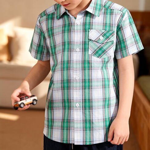 Button Down Plaid Boy Shirt: Kids Aged 4-13 Short Sleeve Cotton Breathable Top - Casual for Travel Church Wedding Outdoor in Saudi Arabia