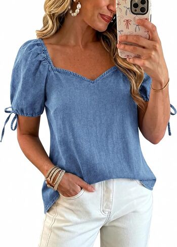 POTILI Denim Shirt Women Puff Short Sleeve Jean Tops Sweetheart Neck 2026 Casual Summer Chambray Loose Fit Cute Denim Blouse in Saudi Arabia