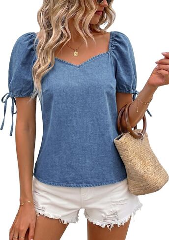 POTILI Denim Shirt Women Puff Short Sleeve Jean Tops Sweetheart Neck 2026 Casual Summer Chambray Loose Fit Cute Denim Blouse in Saudi Arabia