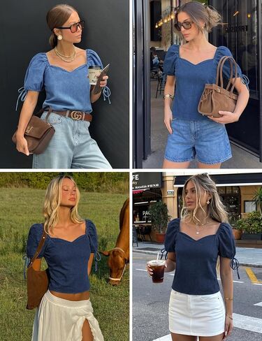 POTILI Denim Shirt Women Puff Short Sleeve Jean Tops Sweetheart Neck 2026 Casual Summer Chambray Loose Fit Cute Denim Blouse in Saudi Arabia