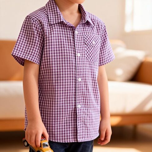 Button Down Plaid Boy Shirt: Kids Aged 4-13 Short Sleeve Cotton Breathable Top - Casual for Travel Church Wedding Outdoor in Saudi Arabia