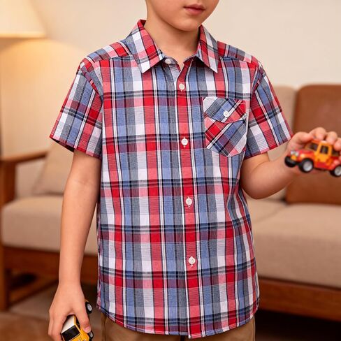 Button Down Plaid Boy Shirt: Kids Aged 4-13 Short Sleeve Cotton Breathable Top - Casual for Travel Church Wedding Outdoor in Saudi Arabia