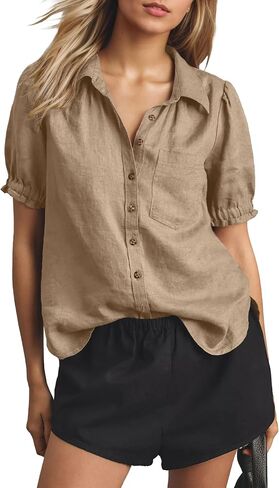 Gacaky Button Down Shirts for Women Casual Short Puff Sleeve Blouse Business Work Tops with Pockets in Kuwait