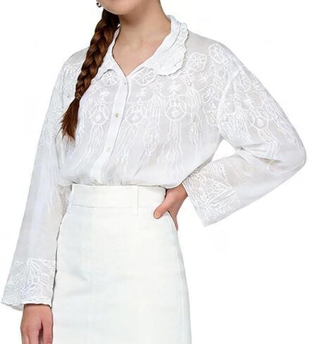 Women's Lace Embroidered Blouse - Elegant Long Sleeve Button-Down Shirt with Scalloped Edges (Collared/Hooded Style) in Saudi Arabia