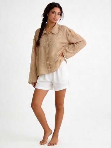 Women's Lace Embroidered Blouse - Elegant Long Sleeve Button-Down Shirt with Scalloped Edges (Collared/Hooded Style) in Saudi Arabia