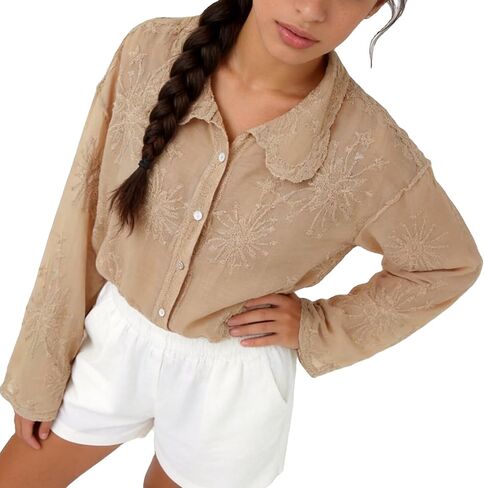 Women's Lace Embroidered Blouse - Elegant Long Sleeve Button-Down Shirt with Scalloped Edges (Collared/Hooded Style) in Saudi Arabia
