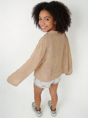 Women's Lace Embroidered Blouse - Elegant Long Sleeve Button-Down Shirt with Scalloped Edges (Collared/Hooded Style) in Saudi Arabia