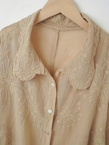 Women's Lace Embroidered Blouse - Elegant Long Sleeve Button-Down Shirt with Scalloped Edges (Collared/Hooded Style) in Saudi Arabia