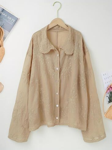 Women's Lace Embroidered Blouse - Elegant Long Sleeve Button-Down Shirt with Scalloped Edges (Collared/Hooded Style) in Saudi Arabia