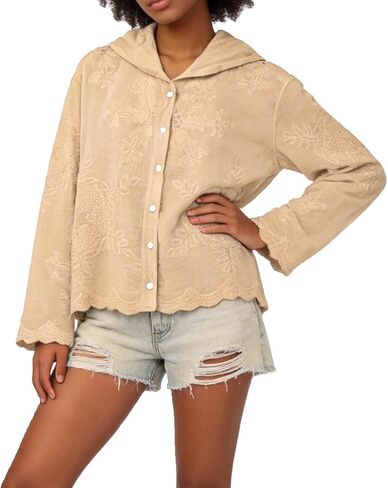 Women's Lace Embroidered Blouse - Elegant Long Sleeve Button-Down Shirt with Scalloped Edges (Collared/Hooded Style) in Saudi Arabia