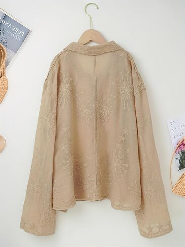 Women's Lace Embroidered Blouse - Elegant Long Sleeve Button-Down Shirt with Scalloped Edges (Collared/Hooded Style) in Saudi Arabia