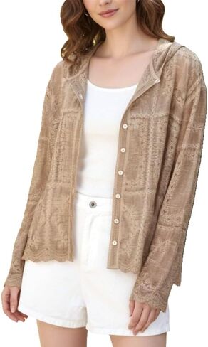 Women's Lace Embroidered Blouse - Elegant Long Sleeve Button-Down Shirt with Scalloped Edges (Collared/Hooded Style) in Saudi Arabia
