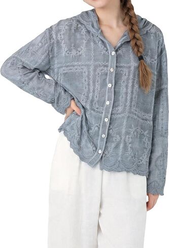 Women's Lace Embroidered Blouse - Elegant Long Sleeve Button-Down Shirt with Scalloped Edges (Collared/Hooded Style) in Saudi Arabia