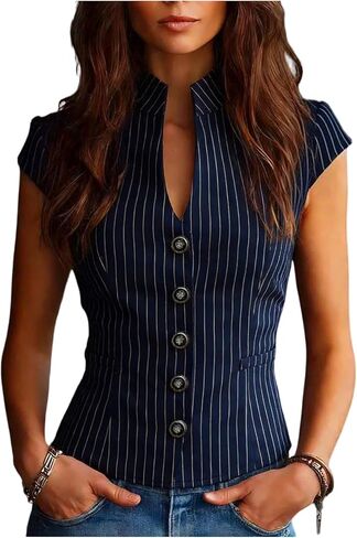 WDIRARA Women's Striped Cap Sleeve Button Up Shirts Notched V Neck Blouse Business Dressy Tops in Kuwait