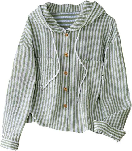SOLY HUX Women's Striped Button Down Shirt Hooded Drawstring Long Sleeve Casual Blouse Tops in Kuwait