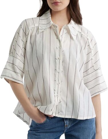 Womens Striped Button Down Shirts Oversized Slightly Puffed Short Sleeve Cotton Blouses Casual Collared Boyfriend Top in Saudi Arabia
