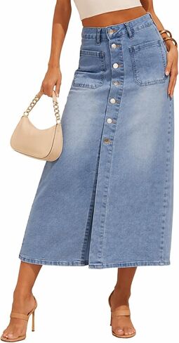 YUNDAI Women’s High Waist Denim Midi Skirt with Pocket Front Slit Button Down Jean Skirt in Saudi Arabia