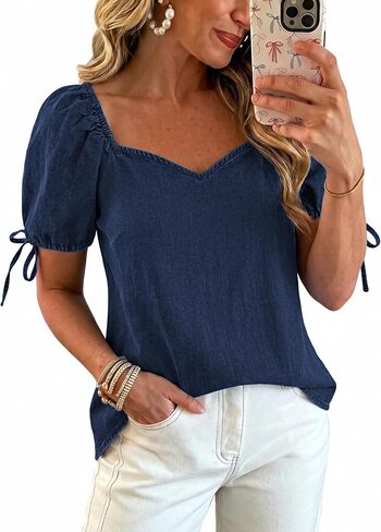 POTILI Denim Shirt Women Puff Short Sleeve Jean Tops Sweetheart Neck 2026 Casual Summer Chambray Loose Fit Cute Denim Blouse in Kuwait
