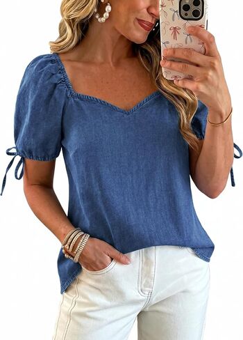 POTILI Denim Shirt Women Puff Short Sleeve Jean Tops Sweetheart Neck 2026 Casual Summer Chambray Loose Fit Cute Denim Blouse in Saudi Arabia