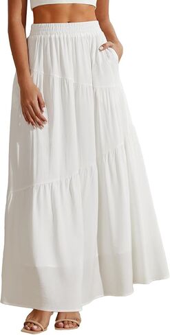 Women's Boho Flowy Maxi Skirt Summer Hight Waist Asymmetric Tiered A-Line Casual Trendy Beach Long Skirt with Pockets in Saudi Arabia