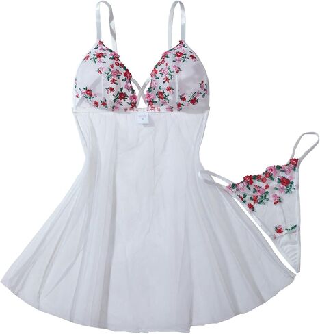 Sexy Lingerie Set for Women 2 Pieces V-Neck Babydoll Nightwear Chemise Nightie See Through Sheer Sleepwear with Thong in Saudi Arabia