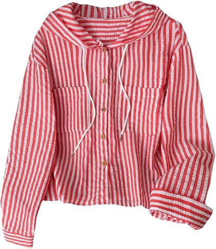 SOLY HUX Women's Striped Button Down Shirt Hooded Drawstring Long Sleeve Casual Blouse Tops in Kuwait