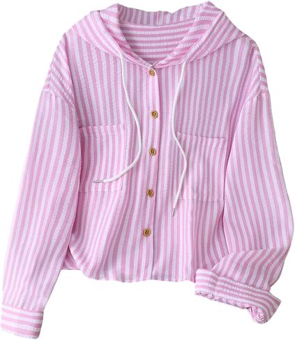 SOLY HUX Women's Striped Button Down Shirt Hooded Drawstring Long Sleeve Casual Blouse Tops in Kuwait