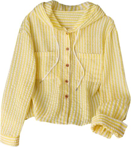 SOLY HUX Women's Striped Button Down Shirt Hooded Drawstring Long Sleeve Casual Blouse Tops in Kuwait