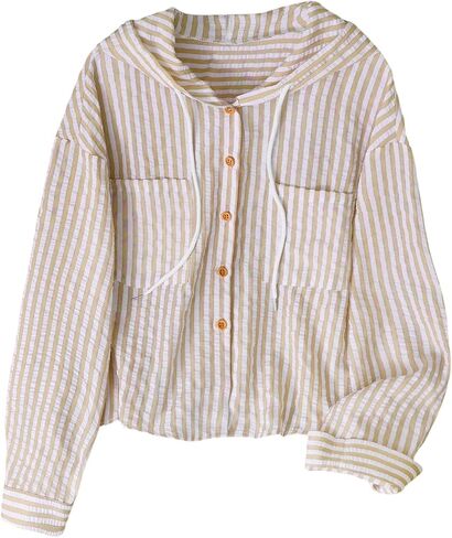 SOLY HUX Women's Striped Button Down Shirt Hooded Drawstring Long Sleeve Casual Blouse Tops in Kuwait