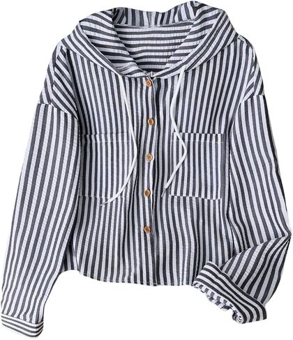 SOLY HUX Women's Striped Button Down Shirt Hooded Drawstring Long Sleeve Casual Blouse Tops in Kuwait