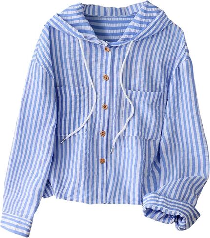 SOLY HUX Women's Striped Button Down Shirt Hooded Drawstring Long Sleeve Casual Blouse Tops in Kuwait