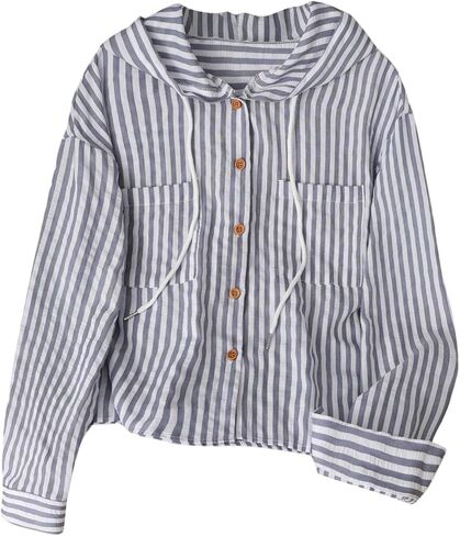 SOLY HUX Women's Striped Button Down Shirt Hooded Drawstring Long Sleeve Casual Blouse Tops in Kuwait