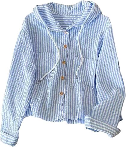 SOLY HUX Women's Striped Button Down Shirt Hooded Drawstring Long Sleeve Casual Blouse Tops in Kuwait