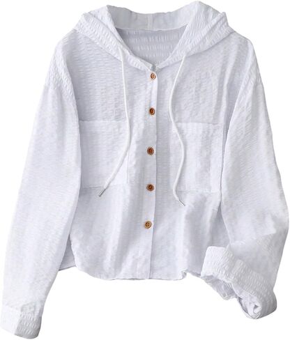 SOLY HUX Women's Striped Button Down Shirt Hooded Drawstring Long Sleeve Casual Blouse Tops in Kuwait
