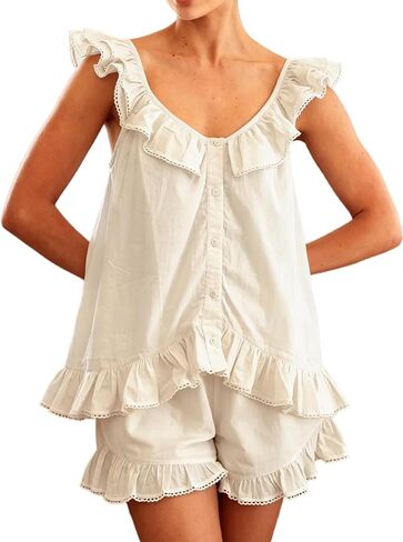 WOWULOVELY Womens Summer Ruffle Pajamas Set 2 Piece Cotton Tank Top and Shorts Trim Cami Bridal Pajama Sleepwear Pjs Set in Saudi Arabia
