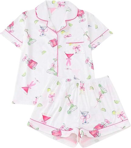 Women's 2 Piece Wine Print Pajama Sets Sleepwear Short Sleeve Wineglass Nightwear Soft Pjs Lounge Sets in Saudi Arabia