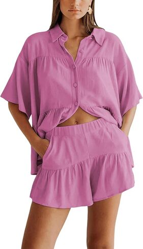 Qiaomai Womens 2 Piece Outfits Summer Ruffled Shirt and High Waist Shorts Matching Set in Saudi Arabia