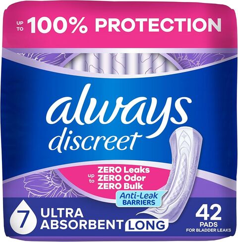 Always Discreet Adult Incontinence Pads for Women, Ultra Absorbency, Long Length, Postpartum Pads, Up to 100% Bladder Leak Protection, 26 Count in Saudi Arabia