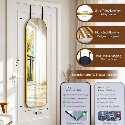 NARCISSUS 47x14 Mirror Door Hanging Full Length,Over Door or Wall Mounted Aluminum Alloy Frame Tempered Glass Arch Full Body Mirrors for Bedroom Dressing Living Room Bathroom 47 inch Gold in Saudi Arabia