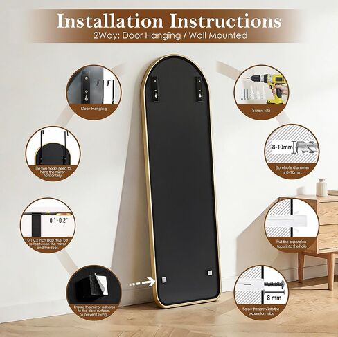 NARCISSUS 47x14 Mirror Door Hanging Full Length,Over Door or Wall Mounted Aluminum Alloy Frame Tempered Glass Arch Full Body Mirrors for Bedroom Dressing Living Room Bathroom 47 inch Gold in Saudi Arabia