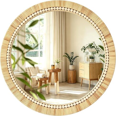 OYPEIP 24 Inch Round Natural Rattan Wall Mirror, Boho Decorative Mirror with White Beads, Rustic Farmhouse Circle Mirror for Living Room, Entryway, Bathroom, Bedroom in Saudi Arabia