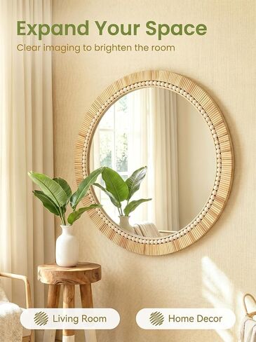 OYPEIP 24 Inch Round Natural Rattan Wall Mirror, Boho Decorative Mirror with White Beads, Rustic Farmhouse Circle Mirror for Living Room, Entryway, Bathroom, Bedroom in Saudi Arabia