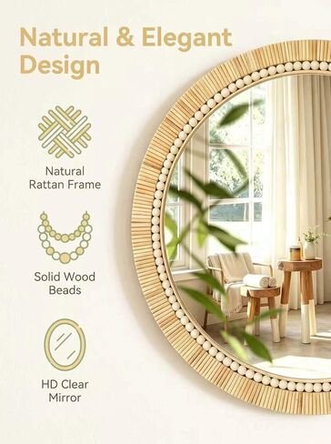 OYPEIP 24 Inch Round Natural Rattan Wall Mirror, Boho Decorative Mirror with White Beads, Rustic Farmhouse Circle Mirror for Living Room, Entryway, Bathroom, Bedroom in Saudi Arabia