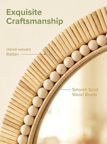 OYPEIP 24 Inch Round Natural Rattan Wall Mirror, Boho Decorative Mirror with White Beads, Rustic Farmhouse Circle Mirror for Living Room, Entryway, Bathroom, Bedroom in Saudi Arabia