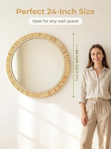 OYPEIP 24 Inch Round Natural Rattan Wall Mirror, Boho Decorative Mirror with White Beads, Rustic Farmhouse Circle Mirror for Living Room, Entryway, Bathroom, Bedroom in Saudi Arabia